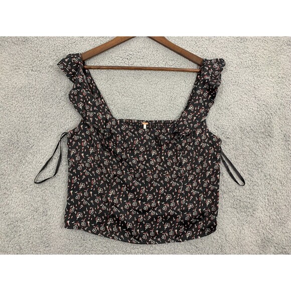 NWT FREE PEOPLE Merile Flutter Detail Ditzy Floral Smock Back Top Black Large - Picture 1 of 12